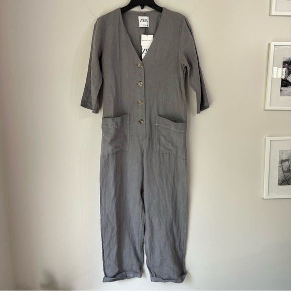 New! Zara The Lillian Gray 100% Linen ButtonFront Jumpsuit Small - Picture 6 of 11